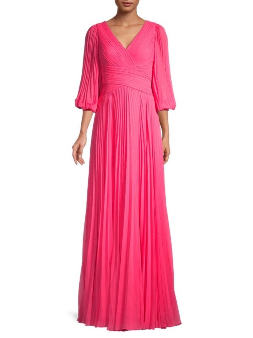Teri Jon Watermelon Pink Puff-Sleeve V-Neck Pleated Maxi Formal Gown Size 6